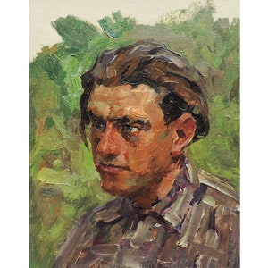 Pintura al óleo original vintage Retrato de un hombre del artista ucraniano A. Shkurko, 1969, Retrato de un trabajador, Arte mural de retratos, Retrato masculino