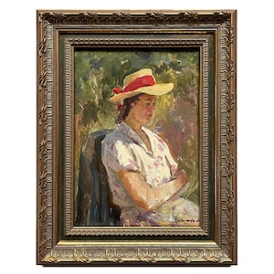 Framed antique original oil painting Mid century portrait of a girl by Ukrainian artist M.Grigorieva, 1950s, Woman portrait, Female portrait