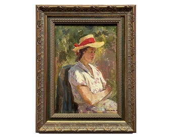 Framed antique original oil painting Mid century portrait of a girl by Ukrainian artist M. Grigorieva 1950s, Woman portrait, Female portrait