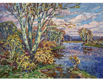 Vintage original oil painting on canvas Spring landscape by Ukraine artist J. Piven 1990s Nature, Riverbank, Trees, Woodland scenery, Clouds