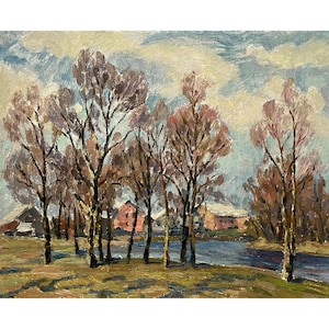 Vintage original oil painting Spring river landscape by Ukrainian artist O.Solodovnikov, 1970s, Farmhouse, Village, Riverbank, Trees, Nature
