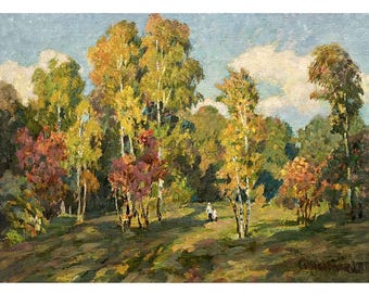 Vintage original oil painting on canvas Autumn forest landscape by Ukrainian artist Solodovnikov, Trees, Woodland scenery, People on a walk