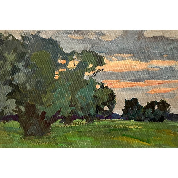 SUNSET LANDSCAPE Impressionistic vintage original oil painting by Ukraine artist V.Sevastyanov 1960s, Trees, Clouds, Sky landscape, Skyscape