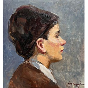 Pintura al óleo original antigua Retrato de un niño del artista ucraniano N. Zaruba, década de 1960, Obra de arte mural, Retrato de un joven, Pintura de retrato