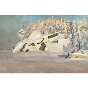 Pintura a óleo original vintage Paisagem de montanha de inverno do artista ucraniano V. Veselka, década de 1970, Árvores sob a neve, Beleza atemporal, Arte de parede