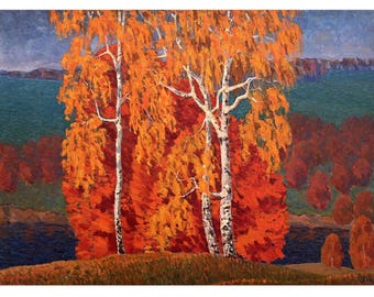 Vintage original oil painting on canvas Early autumn landscape by Ukraine artist by I.Hapochenko, Wall art, Orange birch trees, Fall nature