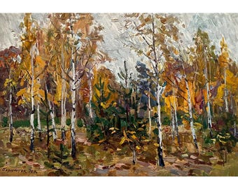 Vintage original oil painting Autumn forest landscape by Ukrainian artist M. Borymchuk 1970, Birches, Yellow trees, Birch Grove, Fall nature