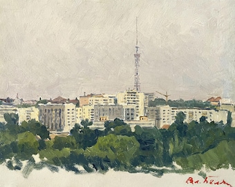 Vintage Original Oil Painting by Ukrainian artist V. Belyak, 1970s, Wall art, Panoramic view of Kyiv TV Tower Landscape, Cityscape, Skyline