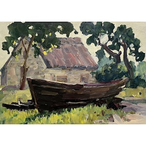 Pintura al óleo original vintage "Paisaje de pueblo" del artista ucraniano V. Gorbachenko, década de 1970. Arte mural, antigua casa de campo, barco, paisaje rural.