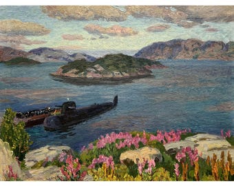 Vintage original oil painting, Sea landscape by Ukrainian artist O. Solodovnikov 1980s Spring, Seashore, Mountain coastline view, Submarines