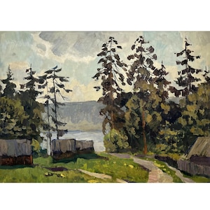 Vintage original oil painting Riverscape by Ukraine artist V.Korobov 1981 Wall art, Trees on river bank, River landscape, Farmhouses, Nature