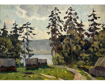 Vintage original oil painting Riverscape by Ukraine artist V. Korobov 1981 Wall art Trees on river bank, River landscape, Farmhouses, Nature