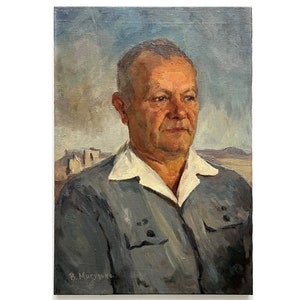 Antique original painting on canvas by Ukraine artist V.Migulko 1960s, Portrait of the artist&#39;s father, Portrait of a man, Male portrait art