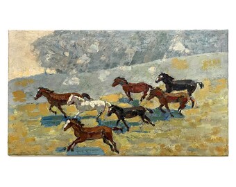 Vintage origineel olieverfschilderij op doek door de Oekraïense kunstenaar G.Shponko jaren 1970, Kunst aan de muur, Dieren, Paard schilderen, Vroege ochtendlandschap