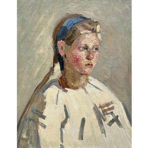 Pintura al óleo original antigua Retrato de una niña del artista ucraniano V.Kozyk, década de 1950, Pintura de retrato, Arte mural de retrato, Arte de retrato infantil