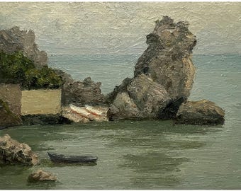 Vintage original oil painting Sea landscape by Ukrainian artist V. Nesterov, 1960s, Seafront, Seascape, Rocky seashore, Beach, Seaside view