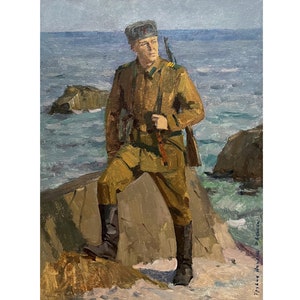 Retrato de un soldado de la guardia fronteriza en la orilla del mar. Pintura al óleo original vintage del artista ucraniano V. Chernikov, arte de la década de 1970, Figura de un hombre.