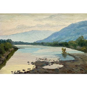 Vintage original oil painting River landscape by Ukraine artist E.Medvetska, 1979, Mountain landscape, River in mountains, Riverbank, Nature