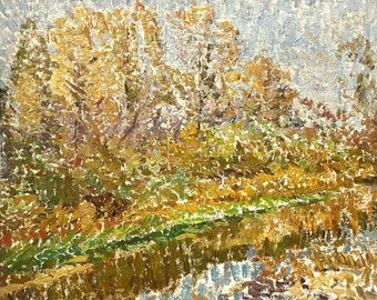 AUTUMN LANDSCAPE Impressionist vintage original oil painting by Ukraine artist V.Sevastyanov, 1970s, Yellow trees on river bank, Fall nature