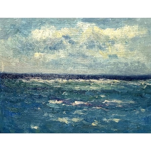 Vintage impressionist original oil painting Sea landscape by Ukrainian artist N.Korobova 1980s, Seascape, Seafront, Waves, Sea wall artwork