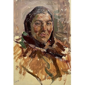 Mid century original oil painting Antique portrait of a woman by Ukraine artist A.Shkurko 1959, Wall art, Portrait painting, Female portrait