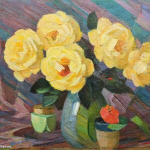Pintura al óleo original vintage Bodegón de flores del artista ucraniano V. Kondratyuk, década de 1970, Pintura de rosas, Arte mural floral, Bodegón de rosas