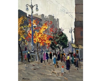 Antique impressionist original oil painting Autumn Kyiv town landscape by Ukrainian artist M.Borymchuk, 1960s, Khreshchatyk street, Wall art