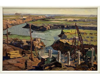 Framed antique original oil painting by Soviet Ukrainian artist A. Shkurko, 1959, Industrial wall art, River bank, Tractor, Dam construction