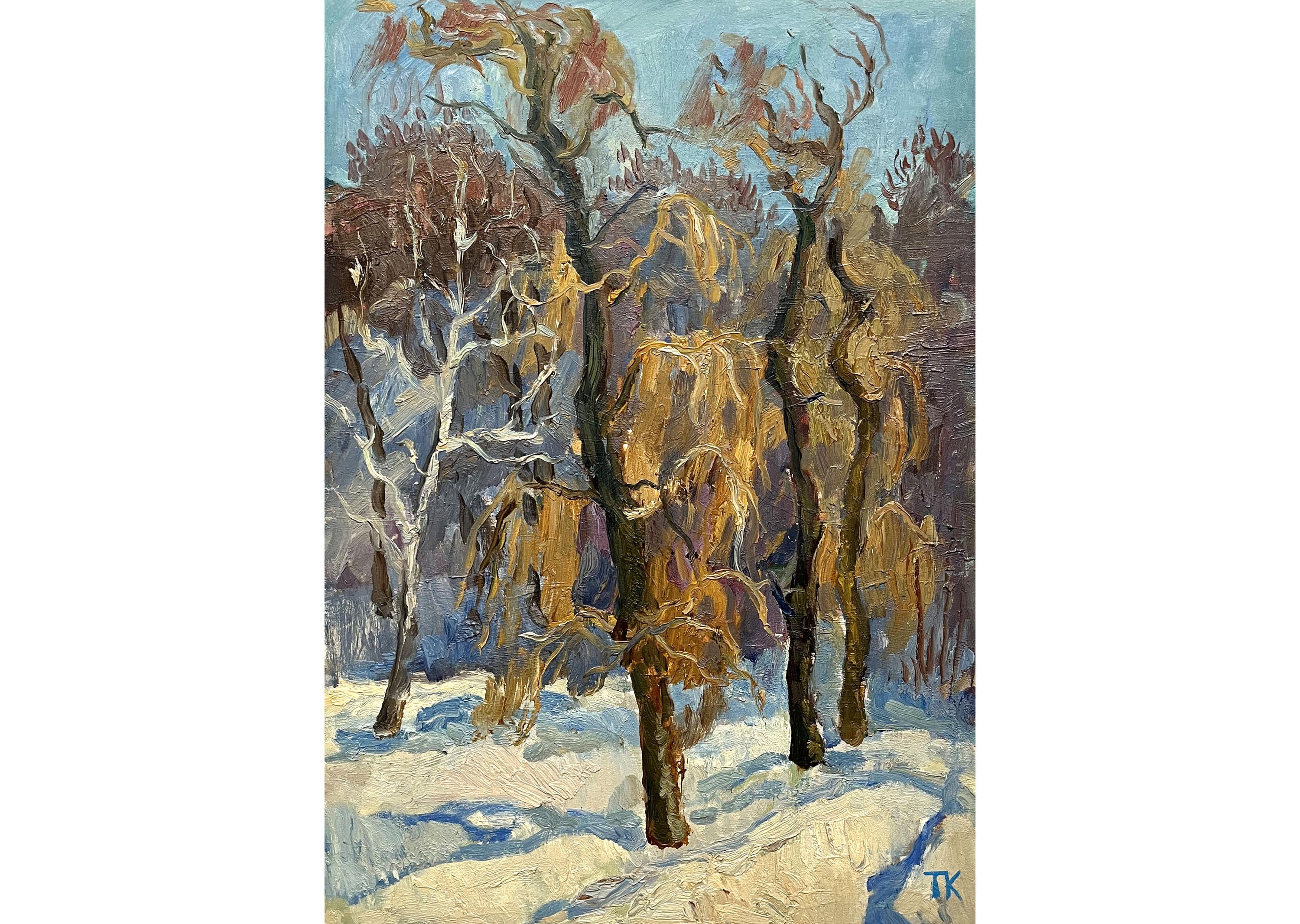 Vintage original oil painting Winter forest landscape by Ukraine artist T.Krasnaya, 1971, Snow landscape, Trees, Impressionist wall art work