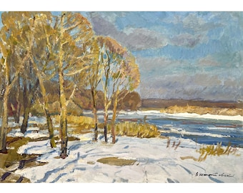 Vintage original oil painting Winter landscape by Ukrainian artist V. Shepetovsky, 1970s, Sunny day, Snow landscape, Trees on the river bank