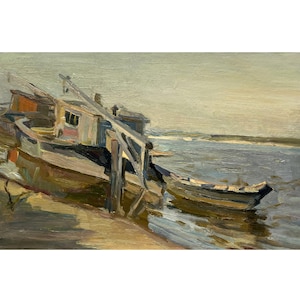 Antique original oil painting River landscape by Ukraine artist V.A.Kolesnik, 1949, Mid century wall art, Riverscape, Riverbank, Boat, Pier