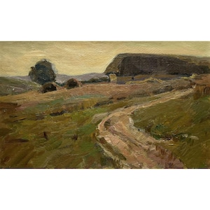 Vintage original oil painting Evening village landscape by Ukrainian artist V.Samokhin, 1964, Farm wall art, Countryside view, Old farmhouse