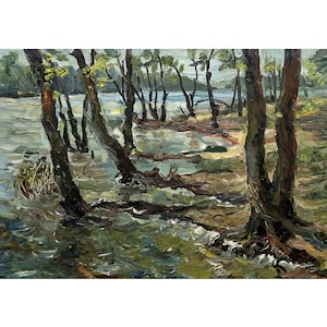 Vintage original oil painting Spring river landscape by Ukraine artist L.Zhabinsky, 1960s, Wall art, Sunset, Trees on the river bank, Nature