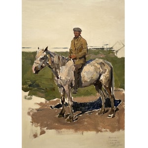Pintura al óleo original antigua del artista ucraniano A. Shkurko, 1958, Retrato de un agrónomo a caballo, Retrato de un hombre, Obra de arte mural de una granja
