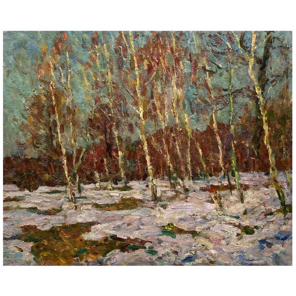 Vintage original oil painting Early spring landscape by Ukrainian artist M.Borymchuk 1970s, Wall art, Last snow, Birch trees, Forest, Nature