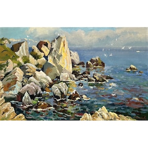 Vintage original oil painting on canvas Seascape by Ukrainian artist O.Olkhov 2003, Sea landscape, Seafront, Seashore, Rocky shore, Wall art