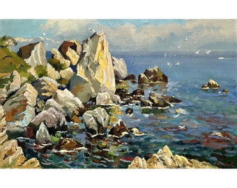 Vintage original oil painting on canvas Seascape by Ukrainian artist O.Olkhov 2003, Sea landscape, Seafront, Seashore, Rocky shore, Wall art