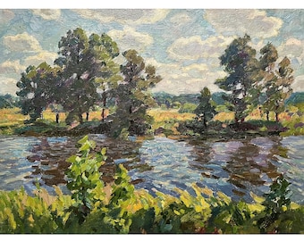 Vintage original oil painting on canvas Riverscape by Ukraine artist O. Solodovnikov, Riverbank, Trees, Woodland scenery, Landscape painting
