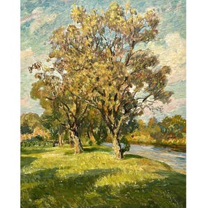 Pintura al óleo original vintage Paisaje fluvial del artista ucraniano O. Solodovnikov, década de 1970, Primavera, Ribera, Árboles, Paisaje boscoso, Naturaleza
