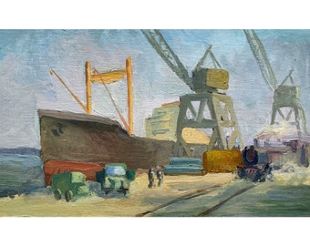 Vintage original oil painting Industrial landscape by Ukraine artist I. Belyak, Seascape, Pier, Jetty, Port cranes, Ships, Sea port wall art