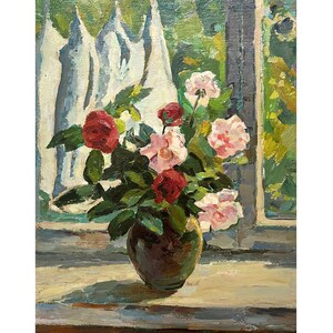 Pintura al óleo original vintage del artista ucraniano O. Solodovnikov, 1990, Obra de arte mural, Rosas en jarrón, Naturaleza muerta floral, Pintura de flores