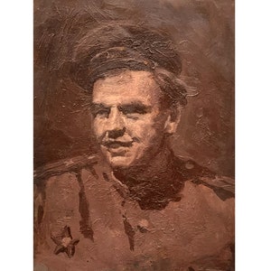 Pintura al óleo original de mediados de siglo Retrato de un militar del artista ucraniano A. Konstantinopol'skiy, década de 1950, Retrato de un hombre, Retrato masculino