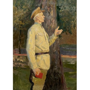 Pintura al óleo original antigua Retrato masculino de mediados de siglo del artista ucraniano V. Karas Arte mural de la década de 1950 Retrato de un viejo soldado Retrato de un hombre