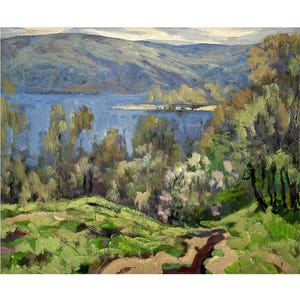 Vintage original oil painting by Ukrainian artist V.Korobov, Wall art, Trees on the river bank, Riverscape, Waterscape, Mountain landscape