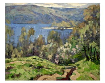 Vintage original oil painting by Ukrainian artist V. Korobov, Wall art, Trees on the river bank, Riverscape, Waterscape, Mountain landscape