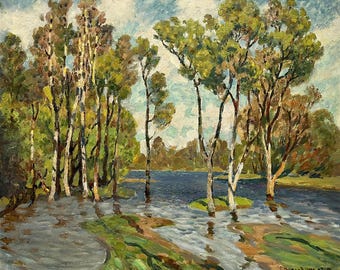 Vintage original oil painting on canvas Spring landscape by Ukrainian artist Solodovnikov, 1981, Rustic wall art, River scene, Trees, Nature