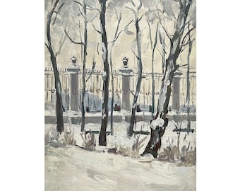 Vintage original oil painting Winter landscape by Ukrainian artist O. Maksimenko, 1964, Snow park, People, Trees, Woodland scenery, Nature