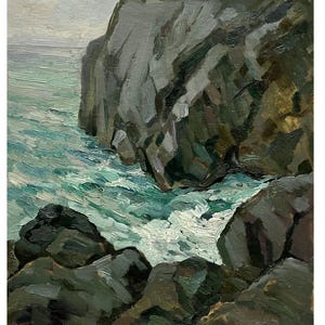 Vintage original oil painting Sea landscape by Ukraine artist P.Bredyuk, 1977, Wall art, Rocky shore, Seashore, Seafront, Seascape painting