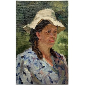 Antyczny, oryginalny obraz olejny „Portret kobiety” autorstwa ukraińskiego artysty A. Szkurko, lata 50. XX w., Portret kobiety, dzieło sztuki ściennej z połowy XX w.