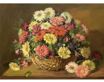 Vintage Floral Still Life Oil Painting by Solodovnikov, Colorful flower bouquet Original floral artwork Cottage decor Garden flowers Daisies